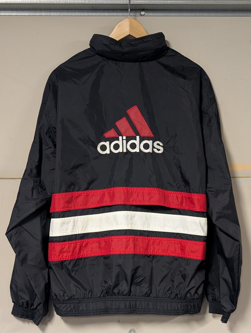 Vintage Adidas Windbreaker Jacket Zip Up Black Red White Mens L 90s